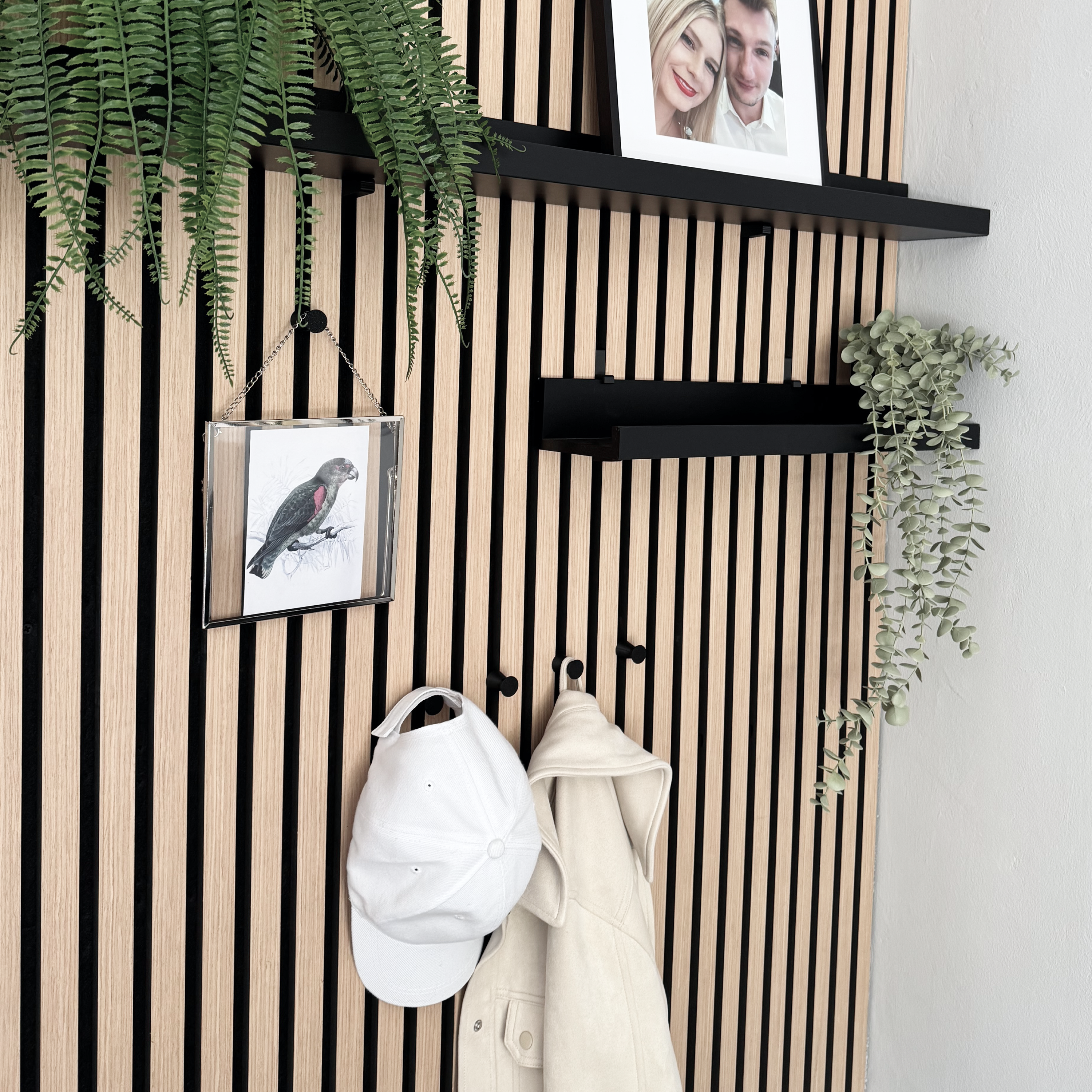 Round coat hooks for acoustic panels in various designs