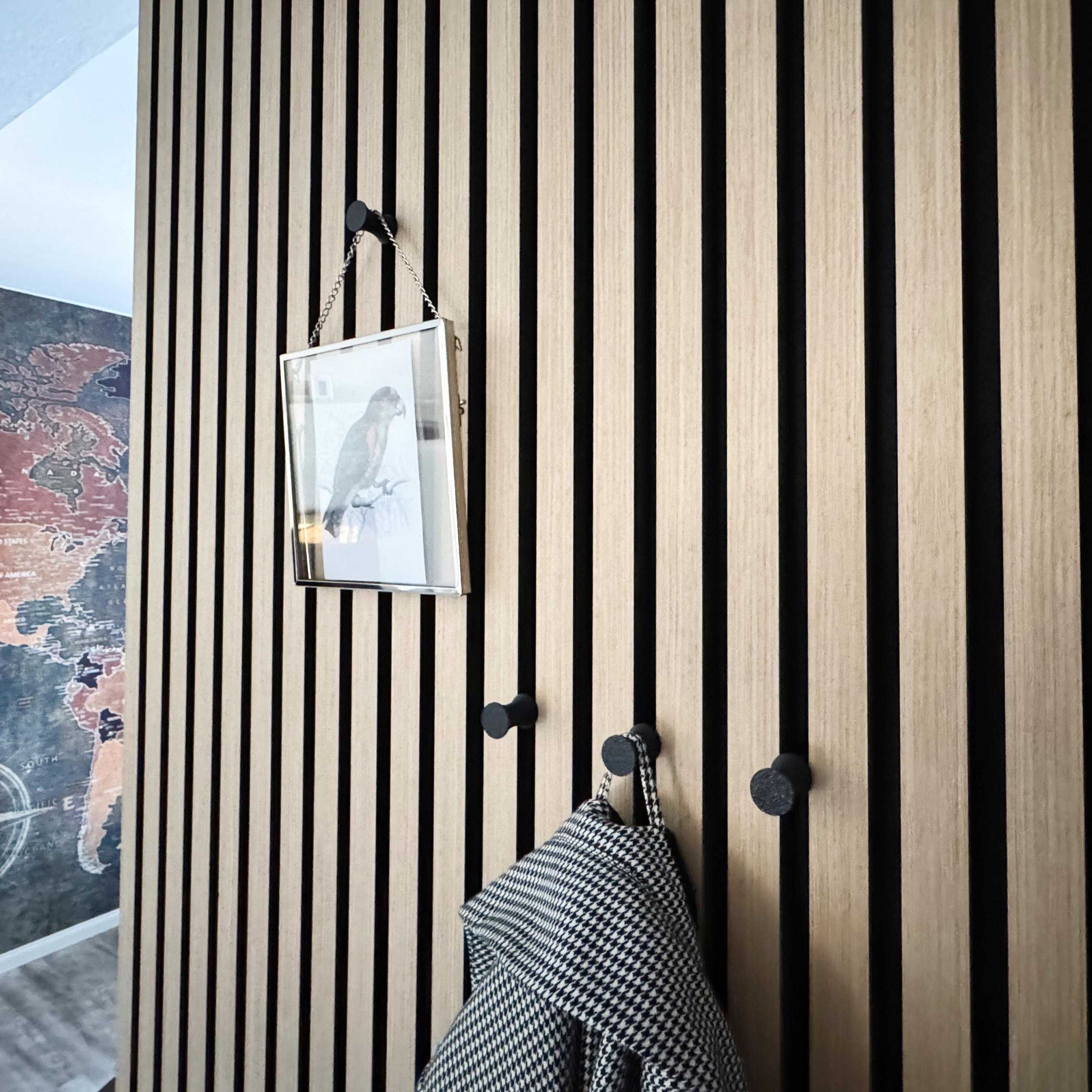 Round coat hooks for acoustic panels in various designs