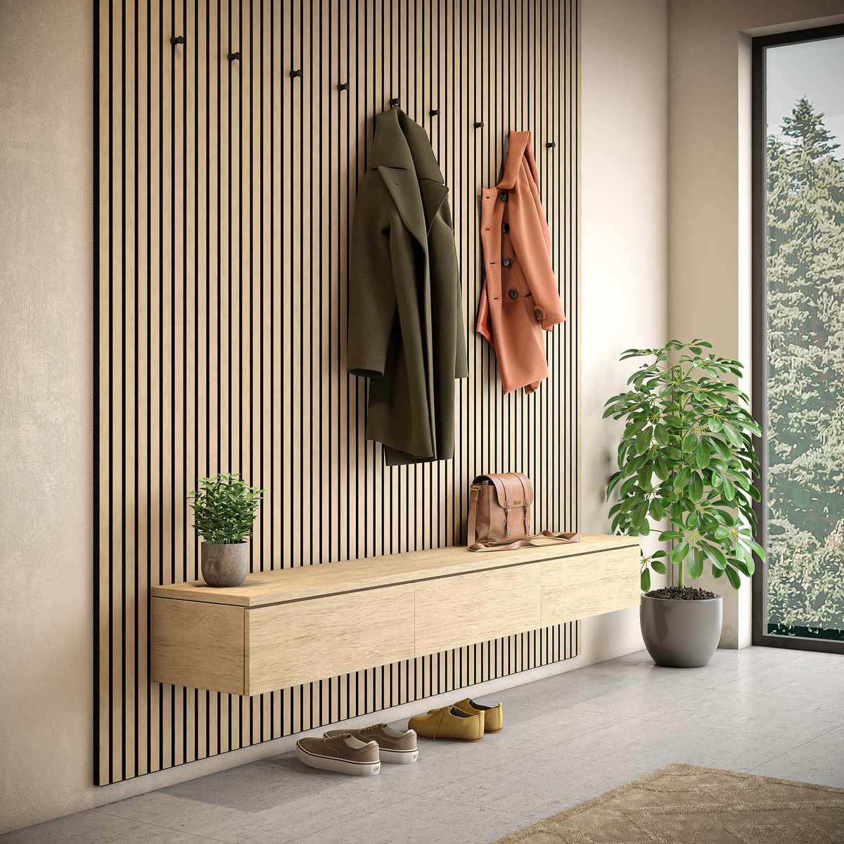 Round coat hooks for acoustic panels in various designs