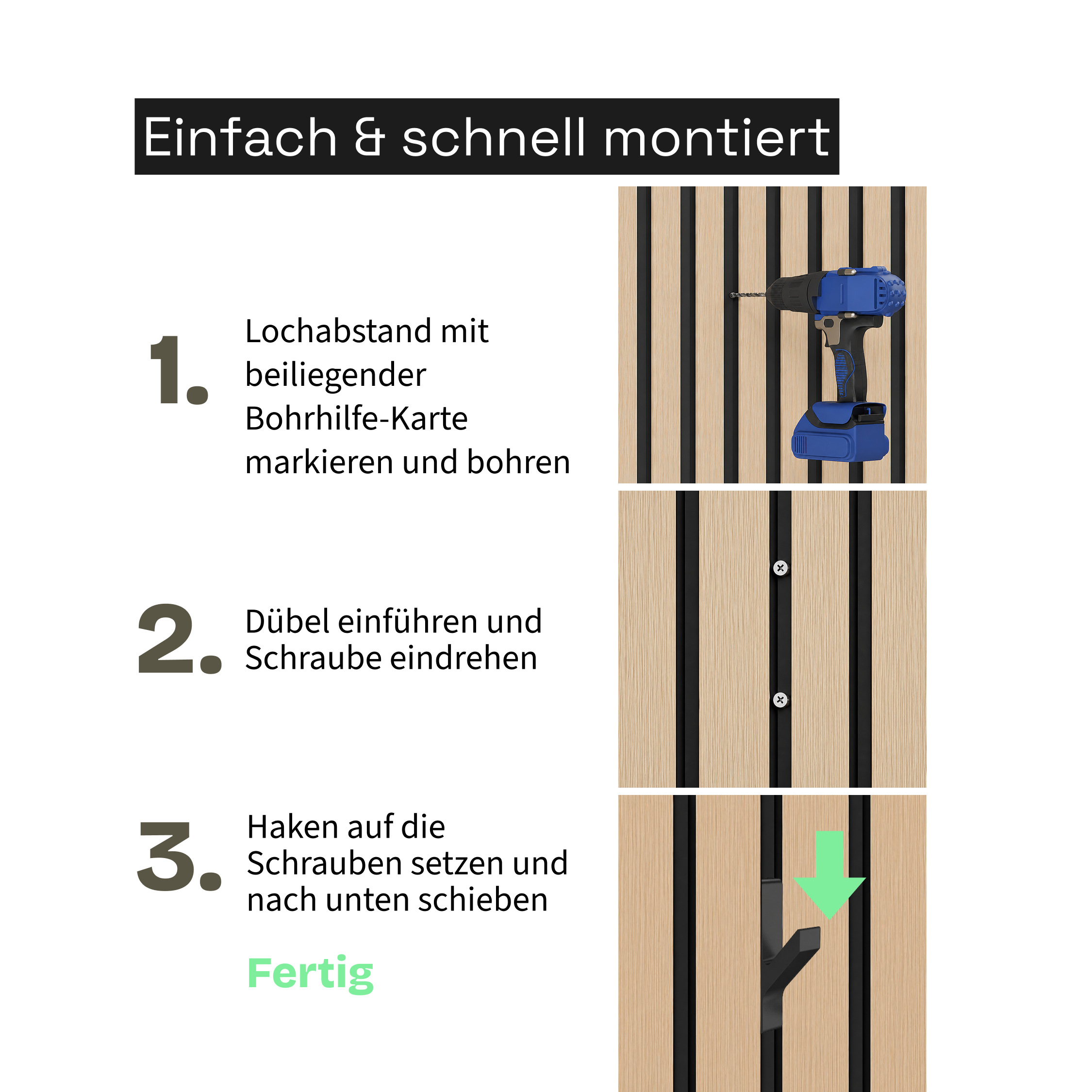 Garderobenhaken für Akustikpaneele | ohne sichtbare Schrauben | 3/6/9/12er Set | Zubehör für Akustikpaneele | Schwarz | [ANNO] | Wohnstahl