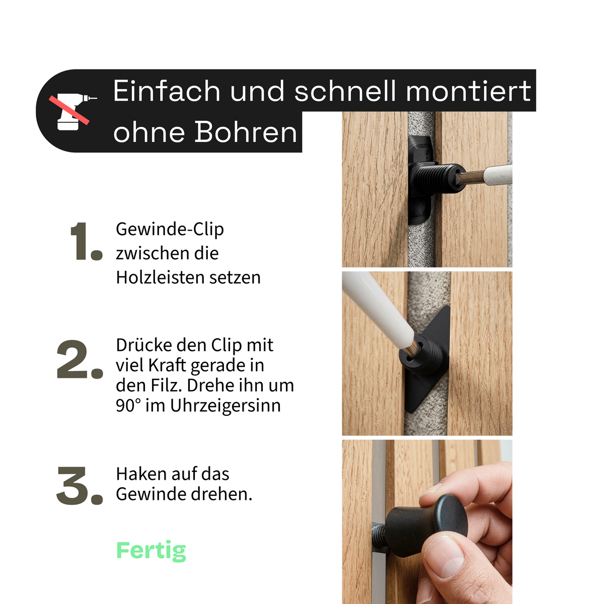Garderobenhaken für Akustikpaneele | ohne bohren | 3/6/9/12er Set | Zubehör für Akustikpaneele | Schwarz | [JAAR] | Wohnstahl