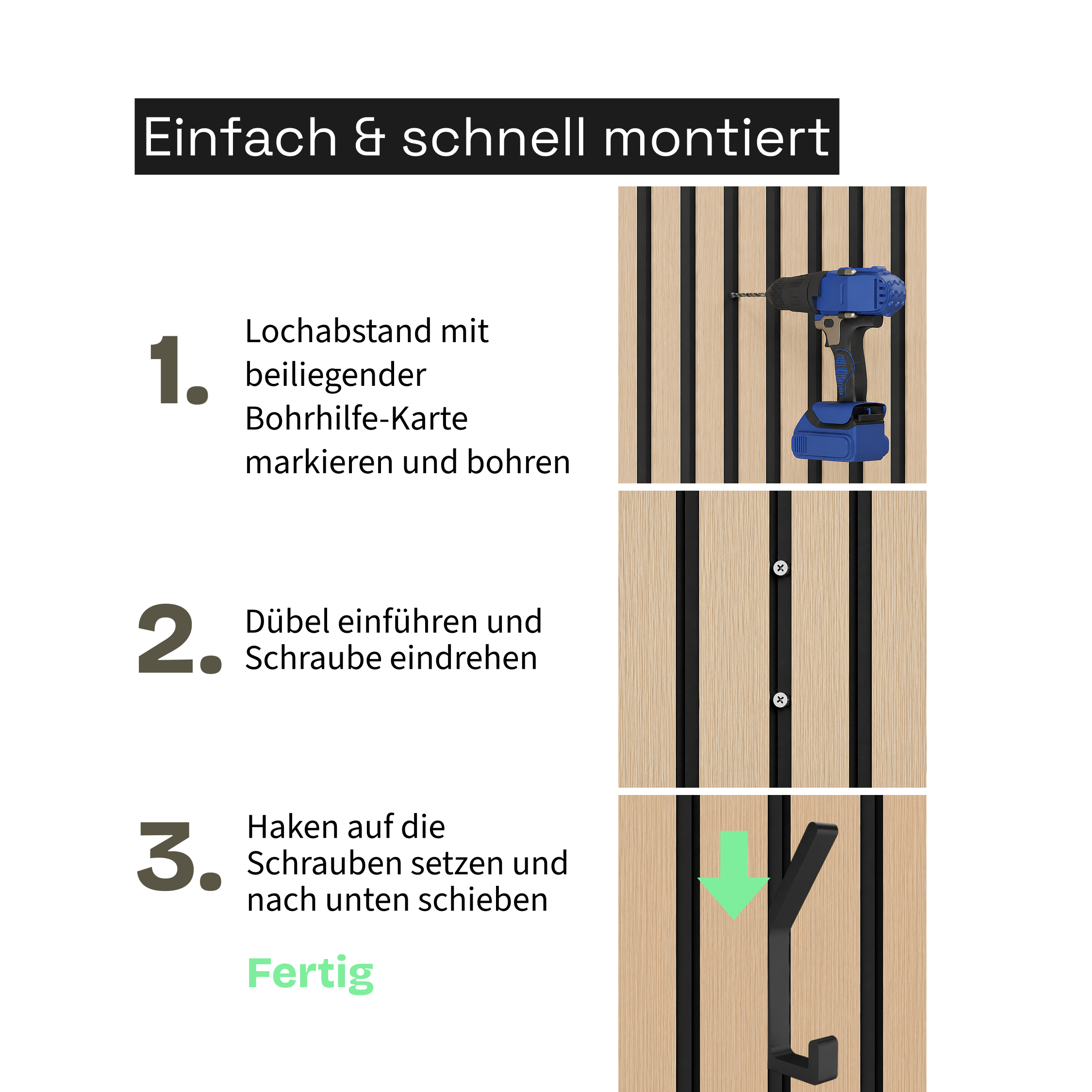 Garderobenhaken für Akustikpaneele | ohne sichtbare Schrauben | 3/6/9/12er Set | Zubehör für Akustikpaneele | Schwarz | [SIA] | Wohnstahl