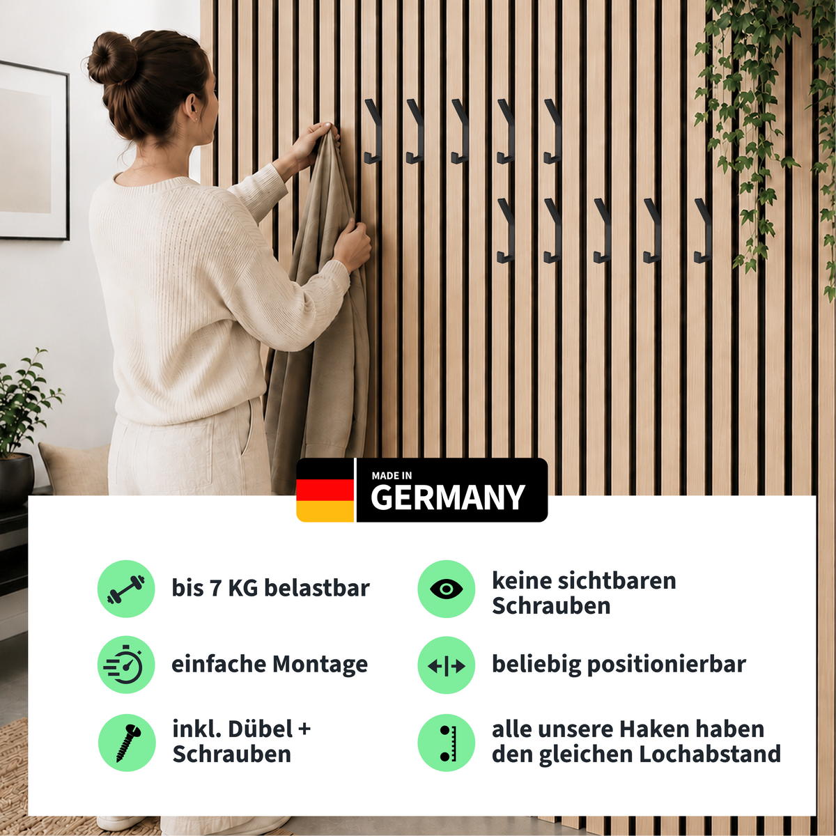 Garderobenhaken für Akustikpaneele | ohne sichtbare Schrauben | 3/6/9/12er Set | Zubehör für Akustikpaneele | Schwarz | [SIA] | Wohnstahl