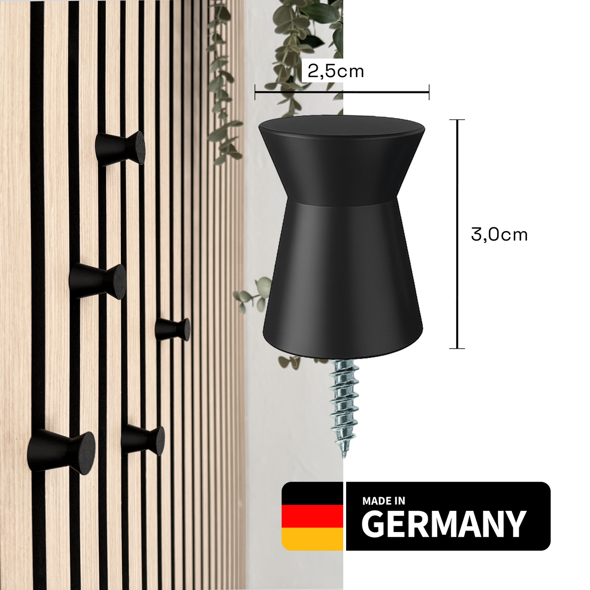 Round coat hooks for acoustic panels in various designs